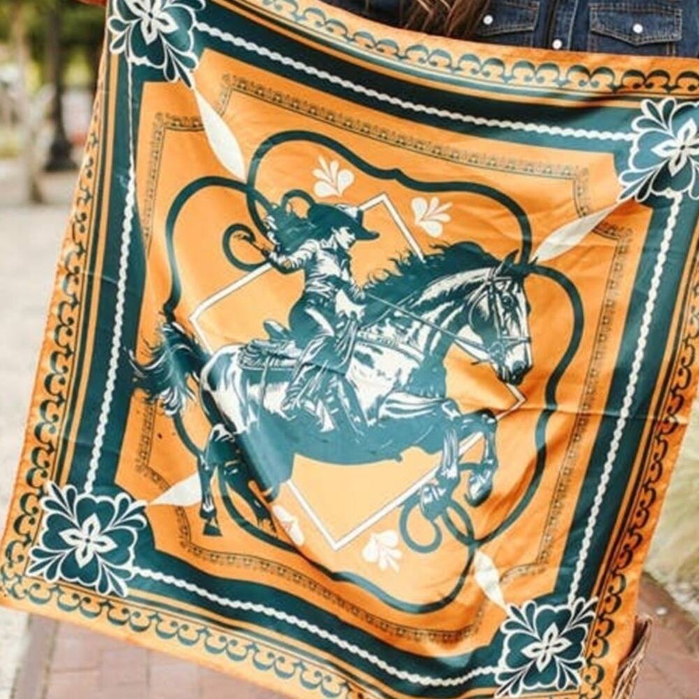 Mustard & Jade Cowgirl Horse Double-Sided Wild Rag — Western Scarf